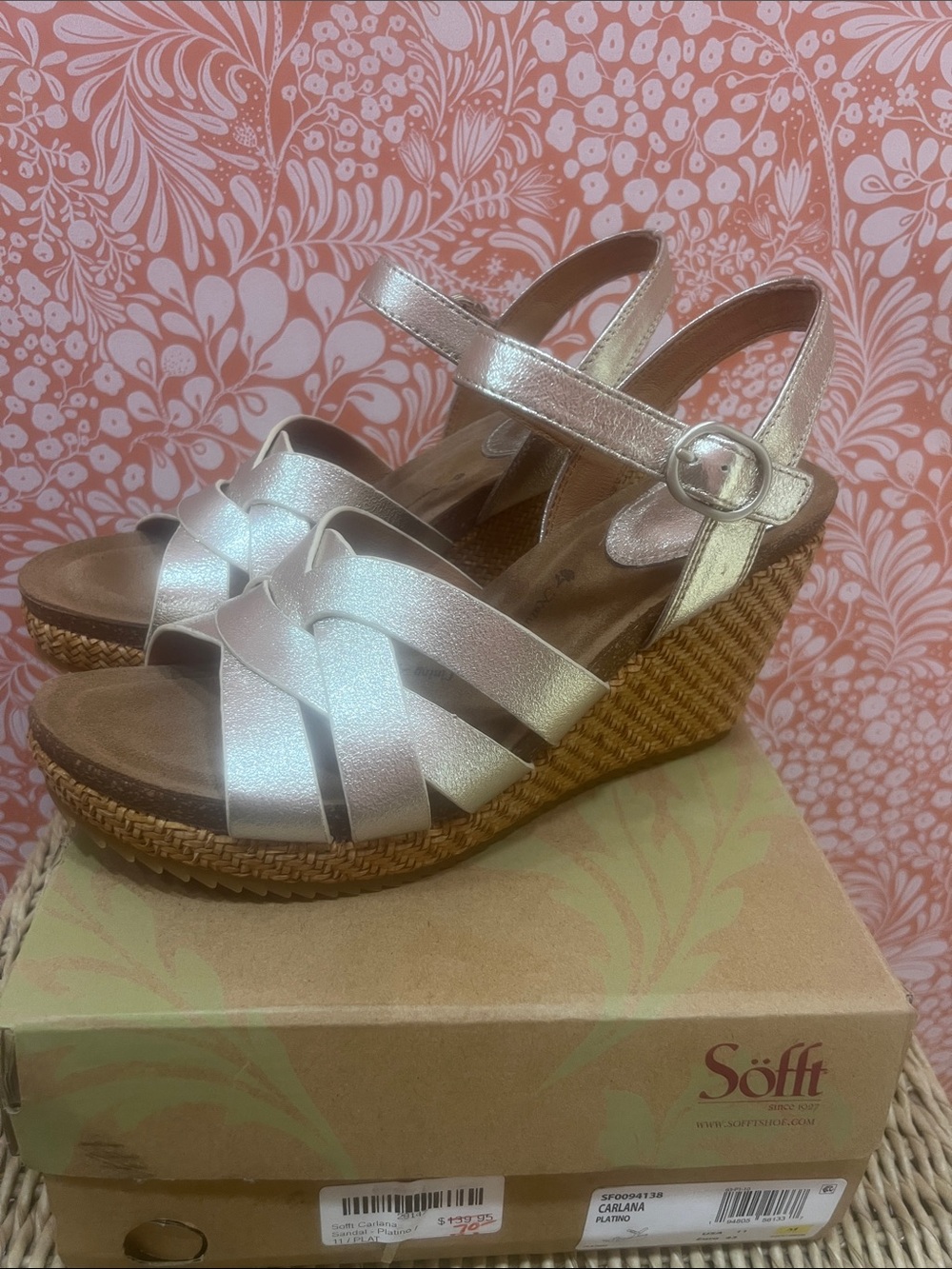 Sofft Carlana Platino Metallic Wedge Sandals
